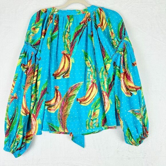 Farm Rio Banana Sky Blouse Size XS NWT Tie Neck Swiss Dot Cotton Balloon Sleeve - Picture 5 of 12